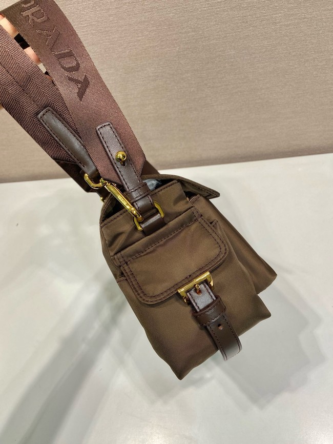 Prada Route medium leather tote bag Re-Nylon 1BD394 dark brown