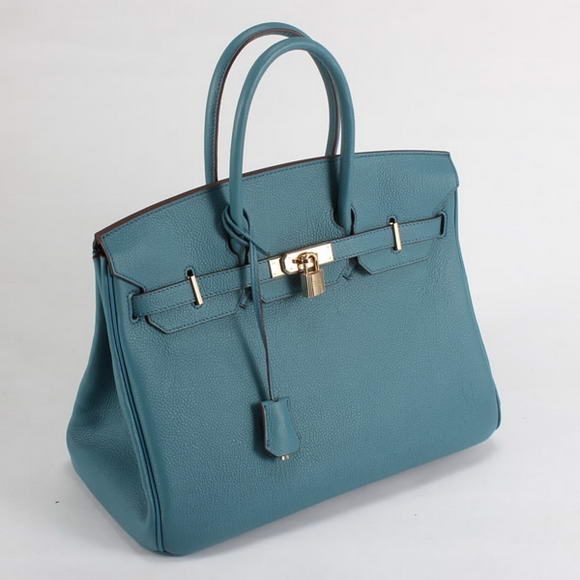 Hermes Birkin 35CM Smooth Leather Handbag 6089 Blue Golden Hermes Birkin 35CM Smooth Leather Handbag 6089 Blue Golden