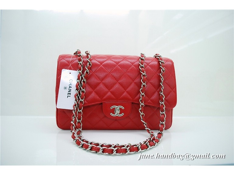 Chanel Jumbo Caviar Flap Bag 36076 Red Silver Chain Chanel Jumbo Caviar Flap Bag 36076 Red Silver Chain