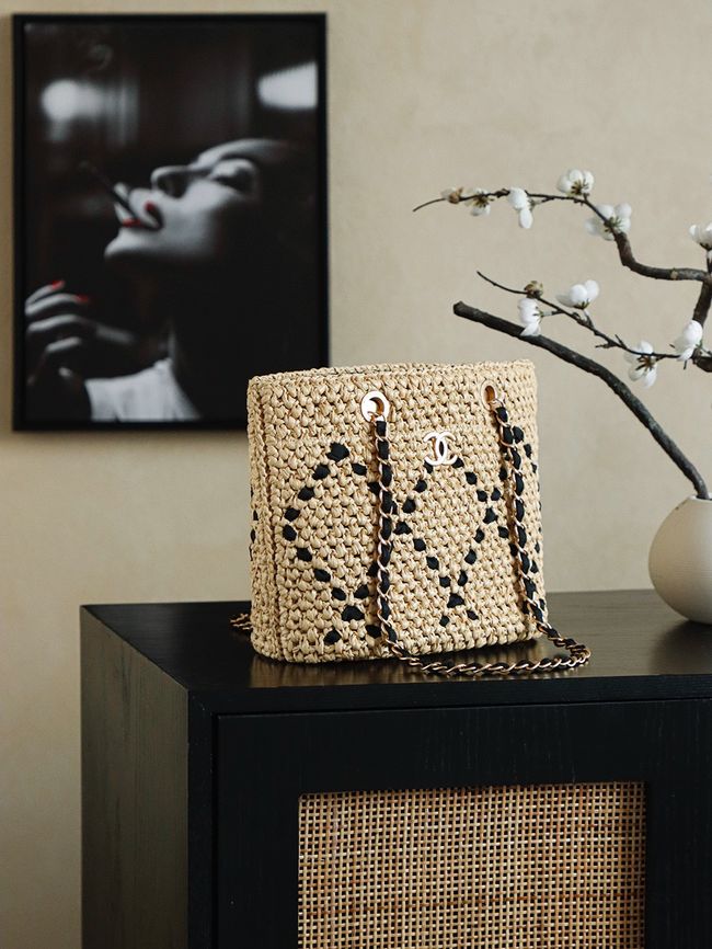 CHANEL Braided Straw Shoulder Bag AS5955 Apricot and black CHANEL Braided Straw Shoulder Bag AS5955 Apricot and black